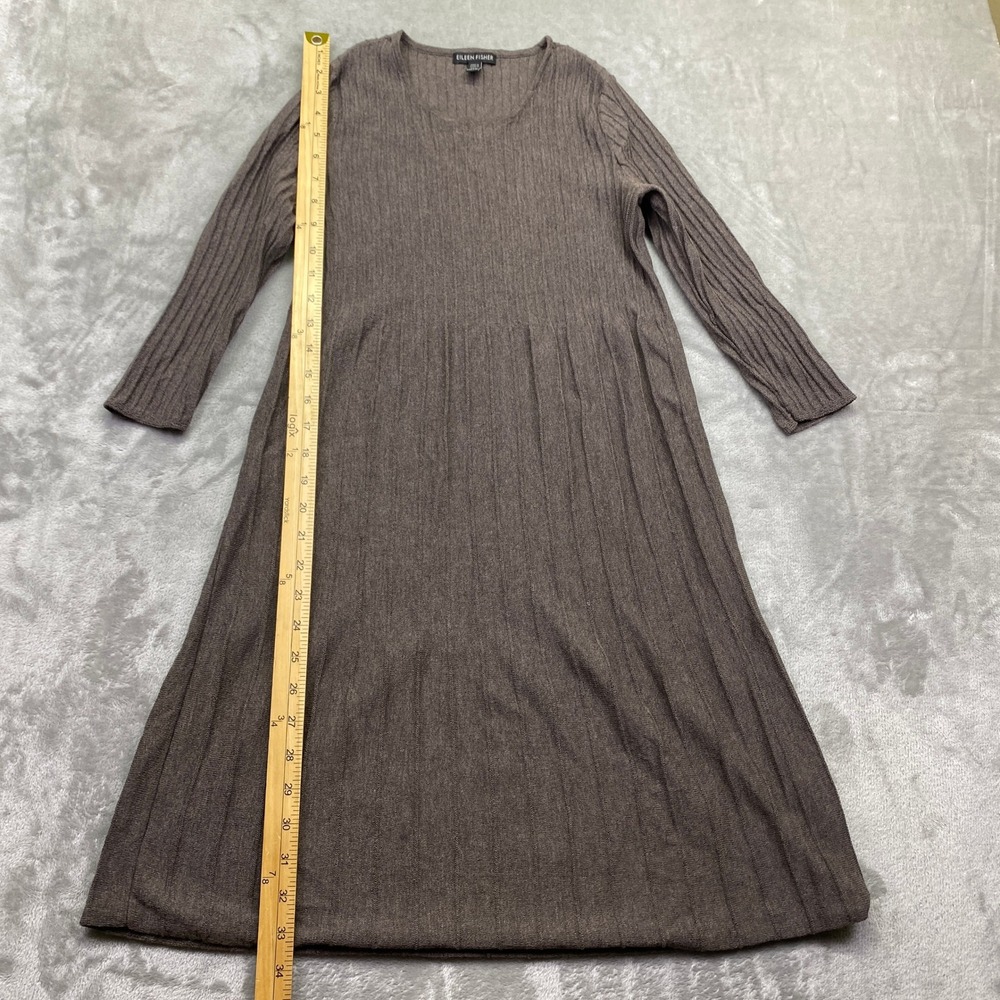Eileen Fisher Wool Ribbed Knit Midi Dress Brown Long Sleeve XXS Pleated Festive - Picture 2 of 10